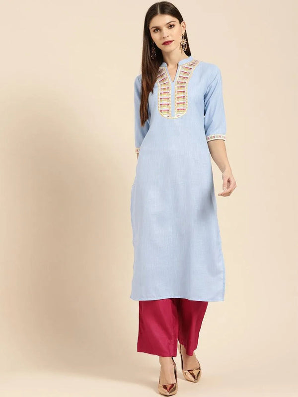 Blue Embroidered Linen Kurta - Jashvi