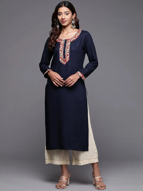 Blue Embroidered Pashmina Wool Straight Kurta - Jashvi