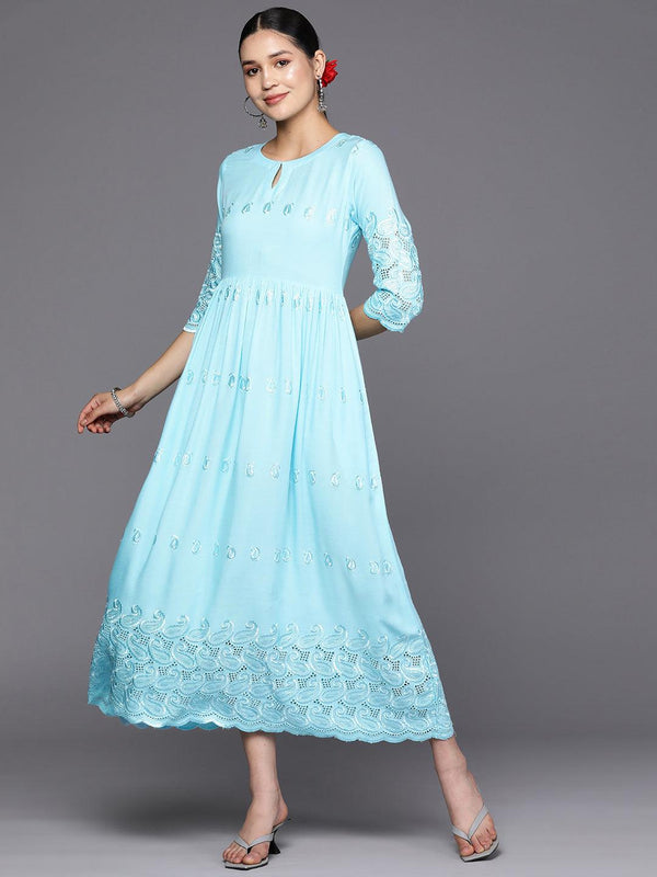 Blue Embroidered Rayon Fit and Flare Dress - Jashvi