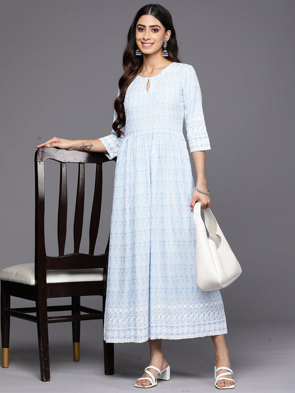 Blue Embroidered Rayon Fit and Flare Dress - Jashvi