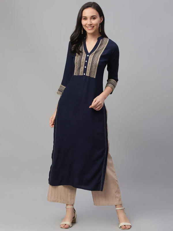 Blue Embroidered Rayon Kurta - Jashvi