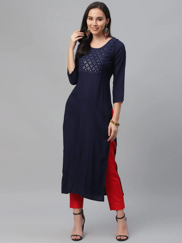 Blue Embroidered Rayon Kurta - Jashvi