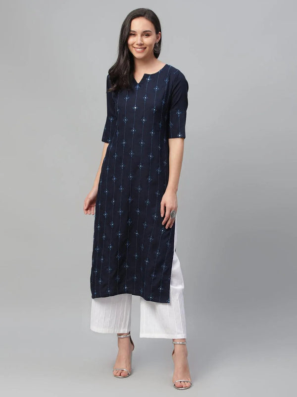 Blue Embroidered Rayon Kurta - Jashvi