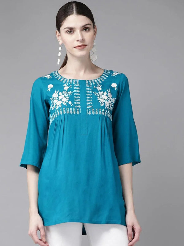 Blue Embroidered Rayon Kurti - Jashvi