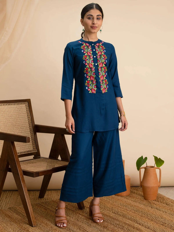 Blue Embroidered Rayon Kurti - Jashvi