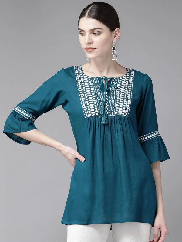 Blue Embroidered Rayon Kurti - Jashvi