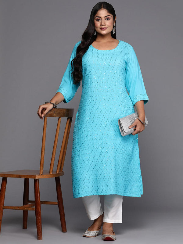 Blue Embroidered Rayon Straight Kurta - Jashvi