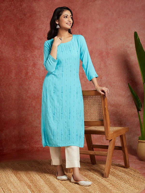 Blue Embroidered Rayon Straight Kurta - Jashvi