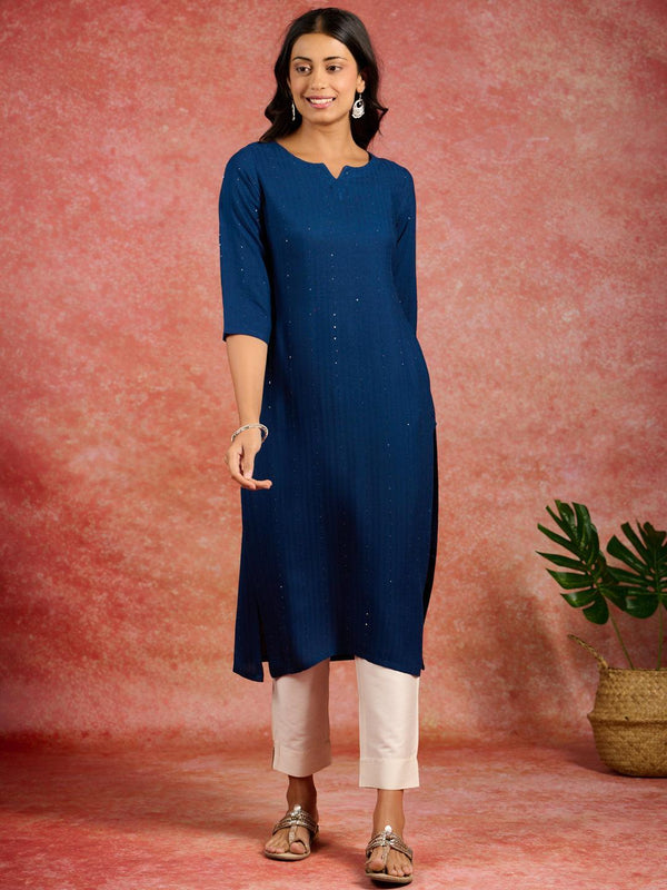 Blue Embroidered Rayon Straight Kurta - Jashvi