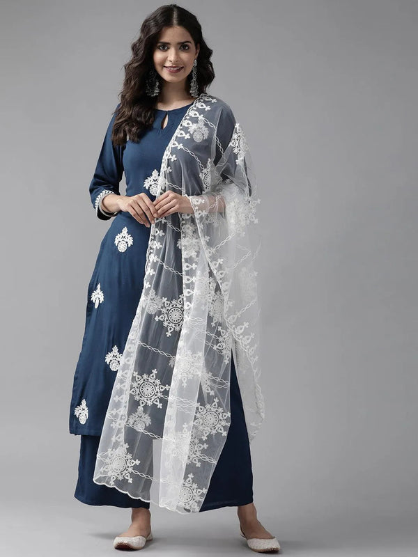 Blue Embroidered Rayon Suit Set - Jashvi