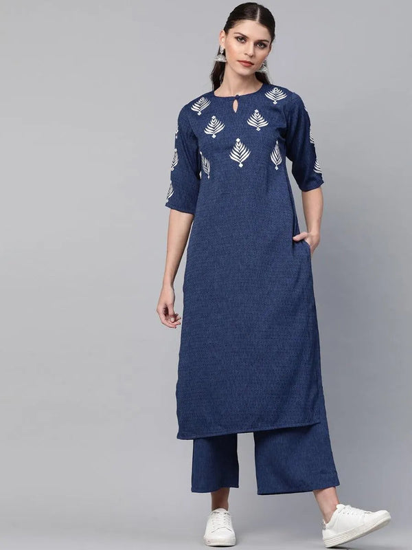 Blue Embroidered Rayon Kurta Set - Jashvi