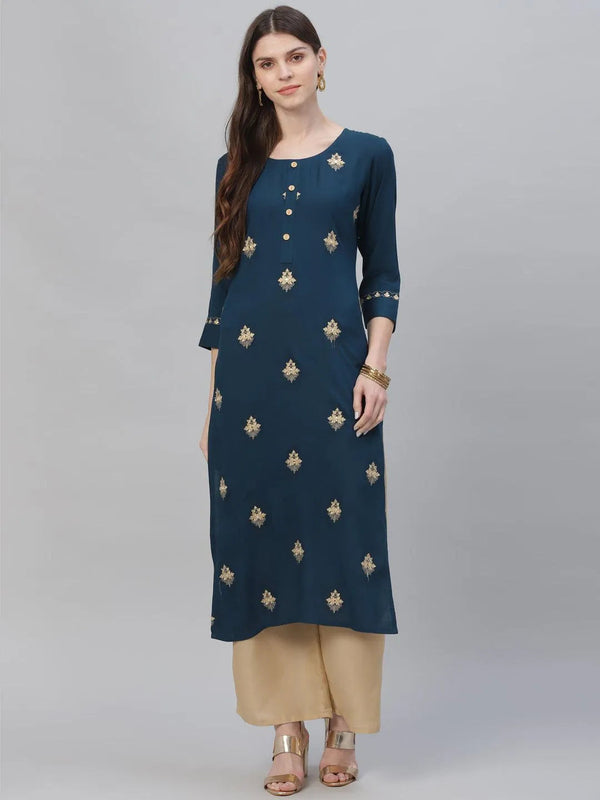 Blue Embroidered Rayon Straight Kurta With Palazzos