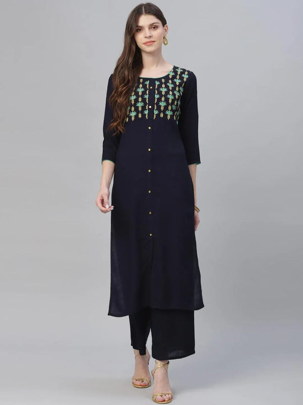 Blue Embroidered Rayon Straight Kurta With Palazzos