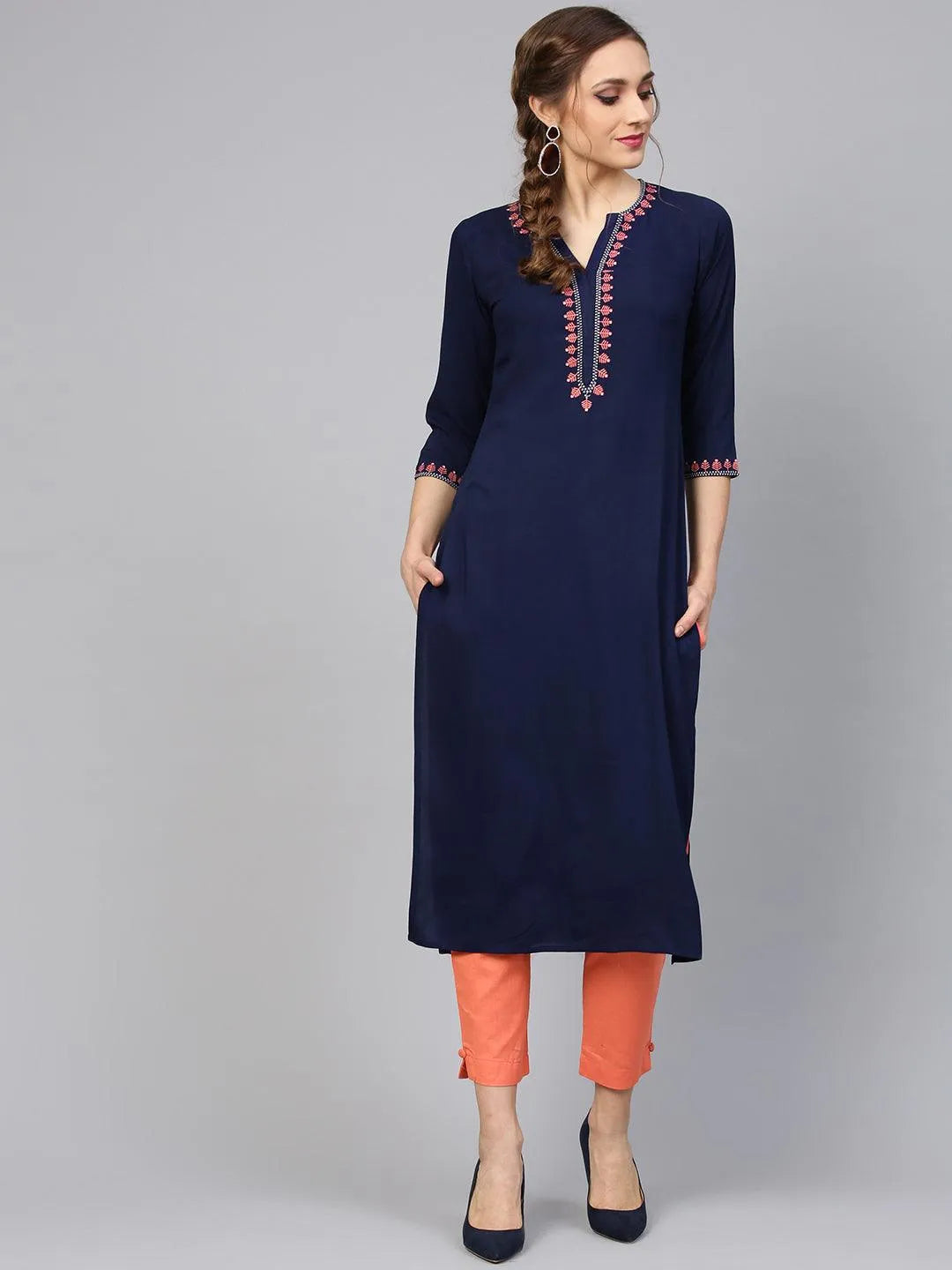 Blue Embroidered Rayon Kurta Set - Jashvi