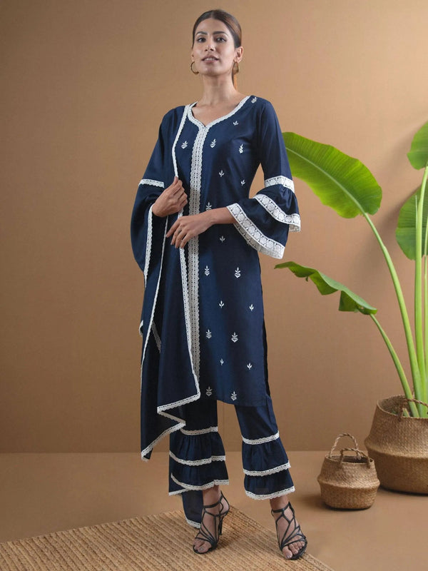 Blue Embroidered Shantoon Suit Set - Jashvi