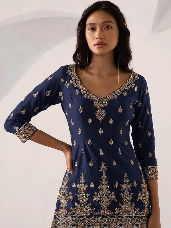 Women's Blue Embroidered Sharara Kurta Set - Odette