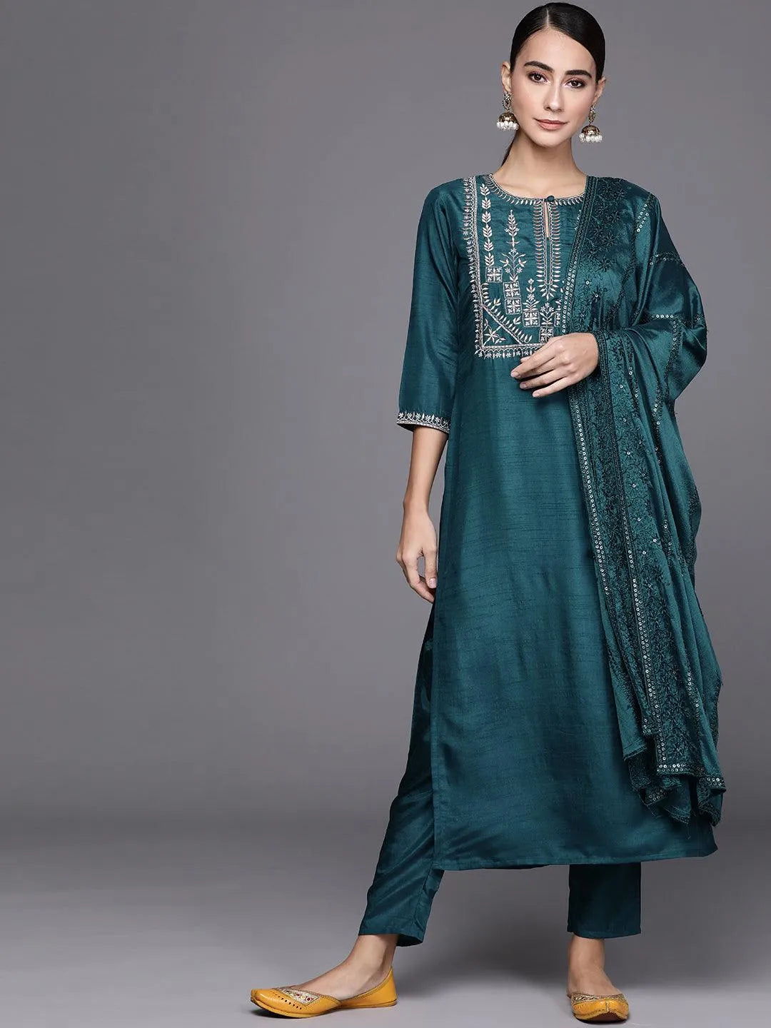 Blue Embroidered Silk Blend Suit Set - Jashvi