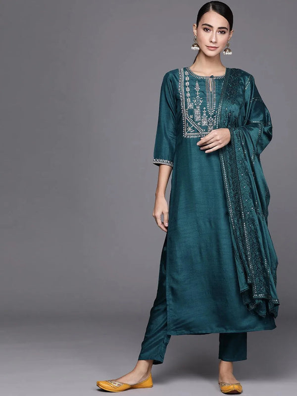 Blue Embroidered Silk Blend Suit Set - Jashvi