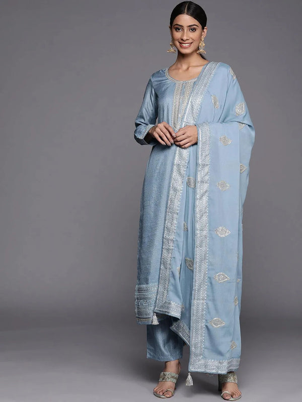 Blue Embroidered Silk Blend Straight Suit Set - Jashvi