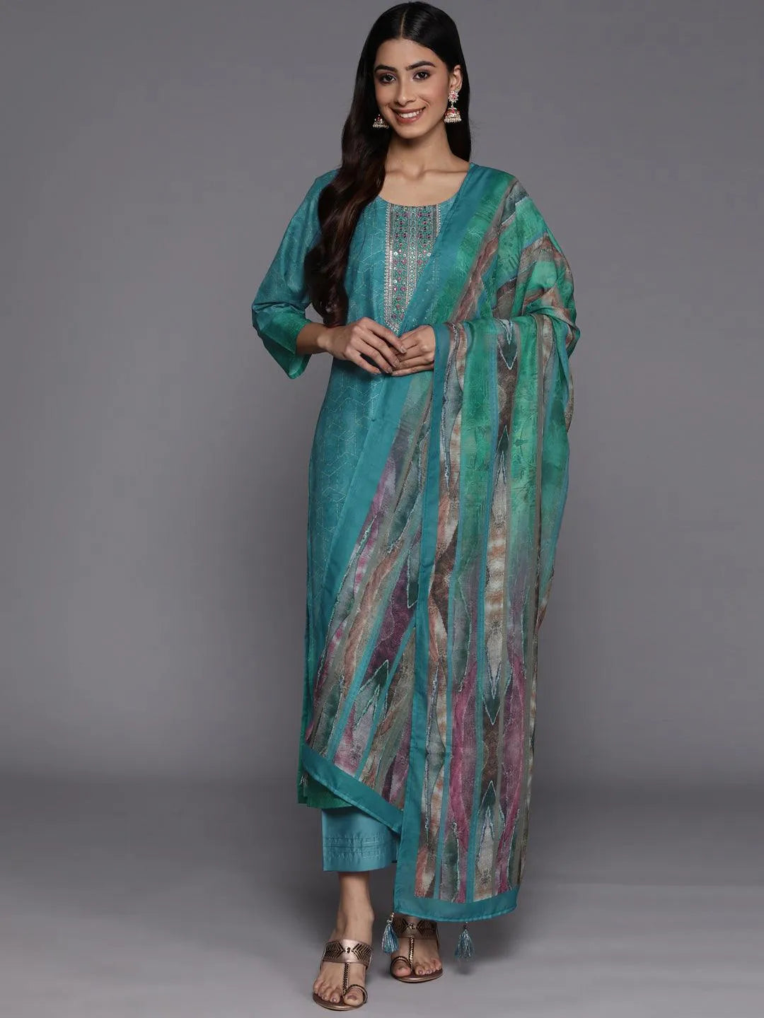 Blue Embroidered Silk Blend Suit Set With Trousers - Jashvi