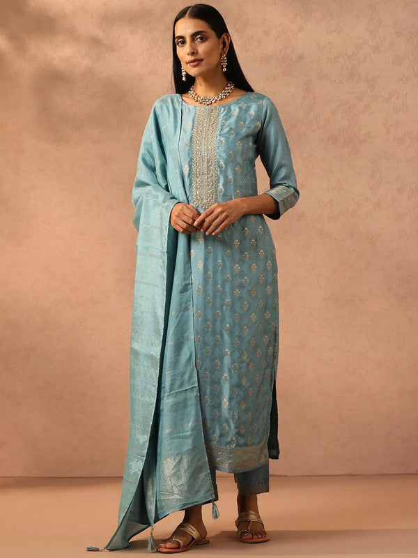 Blue Embroidered Silk Blend Suit Set With Trousers - Jashvi