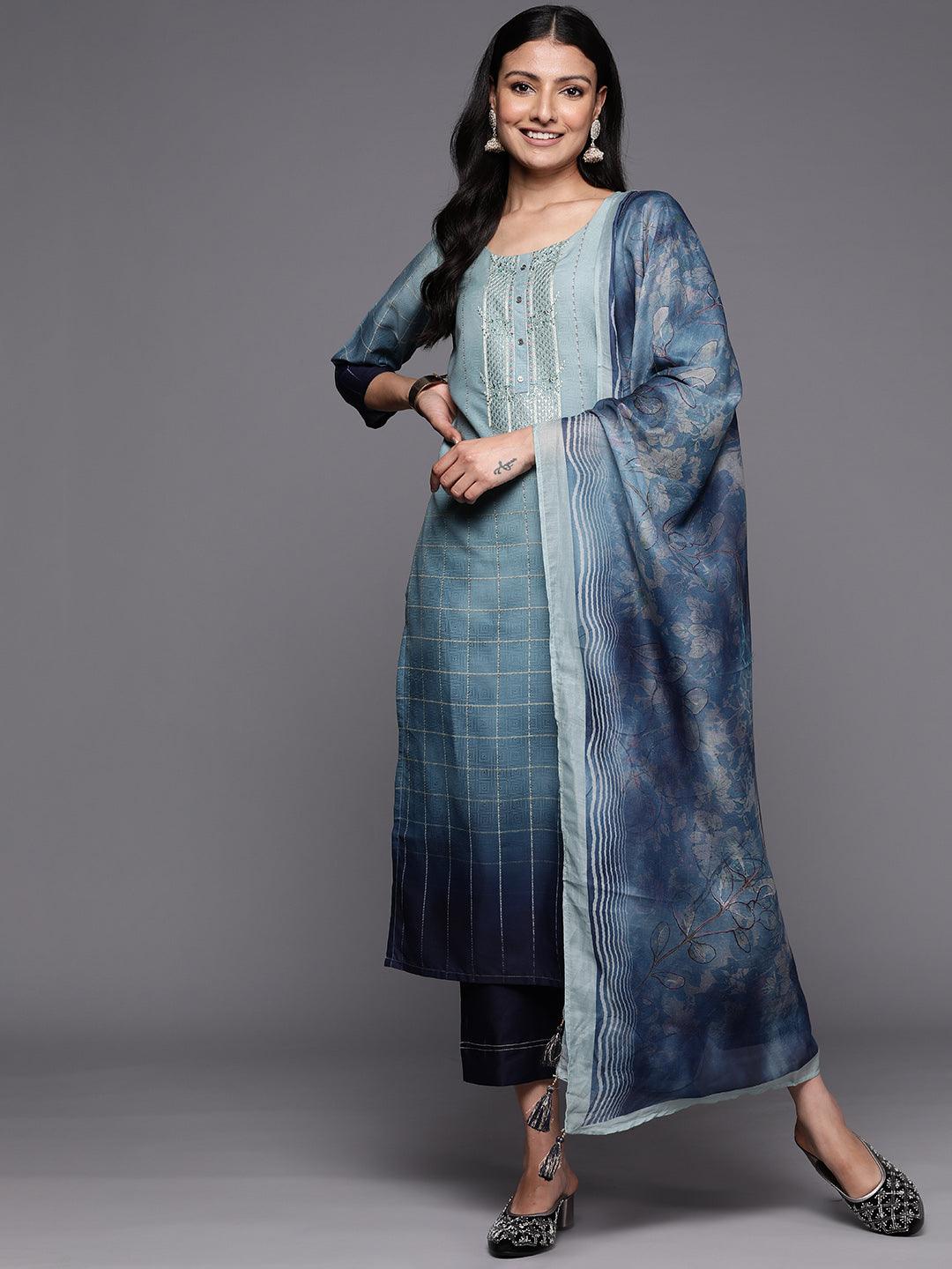 Blue Embroidered Silk Blend Straight Suit Set With Trousers - Jashvi