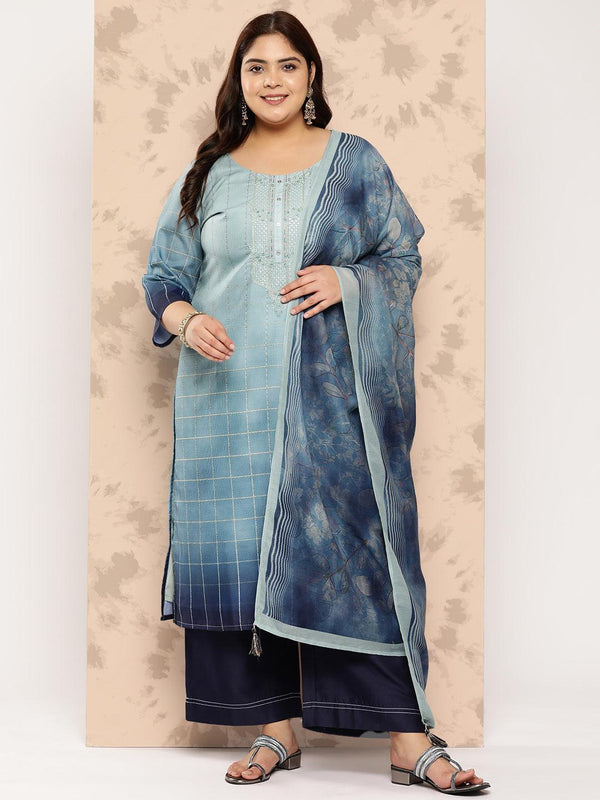 Blue Embroidered Silk Blend Straight Kurta With Trousers and Dupatta - Jashvi