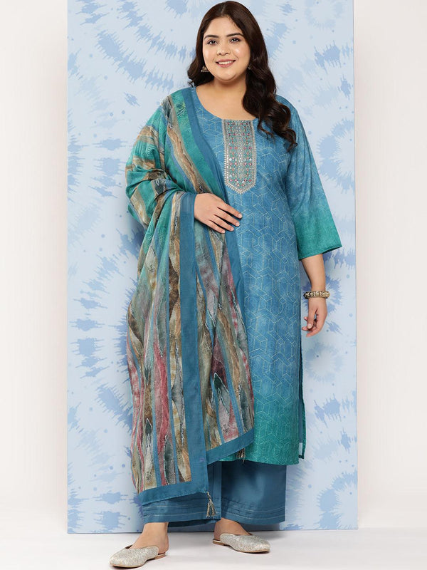 Blue Embroidered Silk Blend Straight Kurta With Trousers and Dupatta - Jashvi