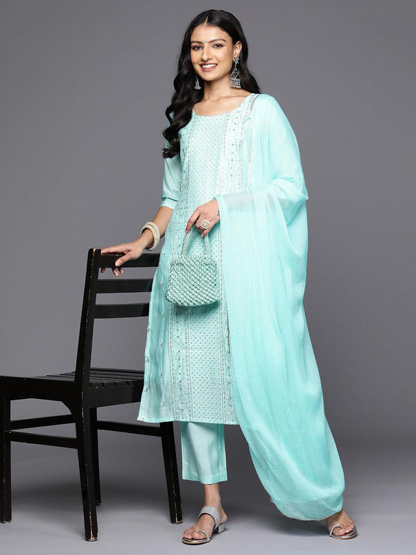 Blue Embroidered Silk Blend Straight Kurta With Trousers & Dupatta - Jashvi