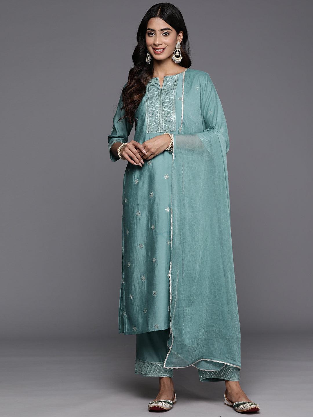 Blue Embroidered Silk Blend Straight Kurta With Trousers & Dupatta - Jashvi