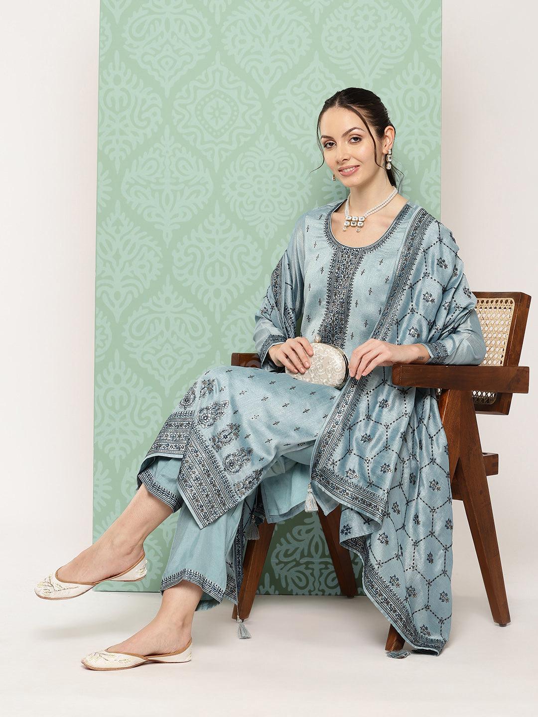 Blue Embroidered Silk Blend Straight Kurta With Trousers & Dupatta - Jashvi