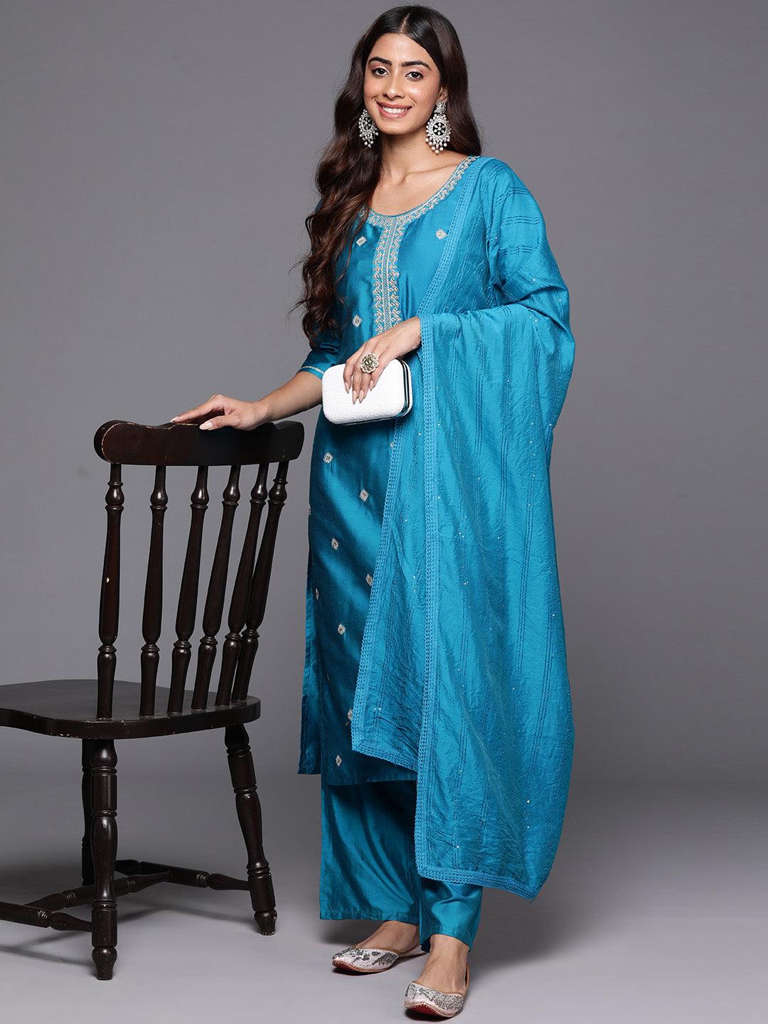 Blue Embroidered Silk Blend Straight Kurta With Trousers & Dupatta - Jashvi