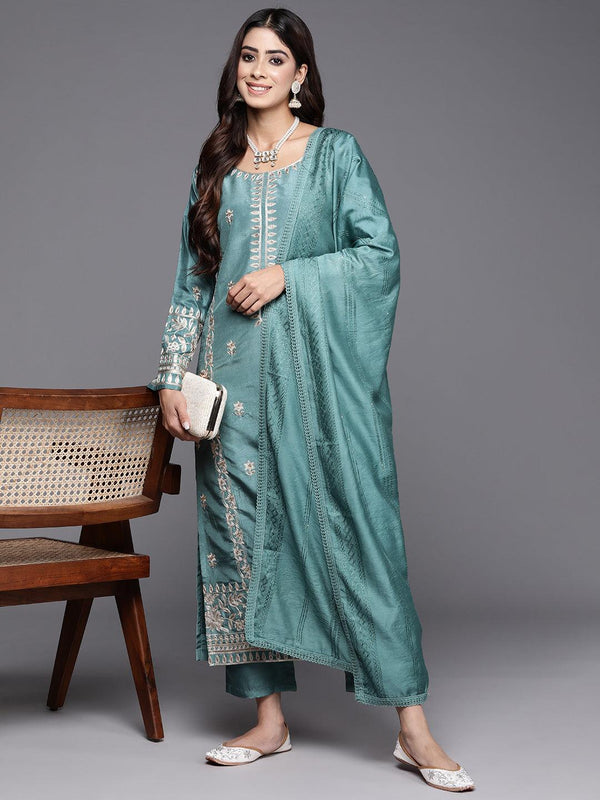 Blue Embroidered Silk Blend Straight Kurta With Trousers & Dupatta - Jashvi