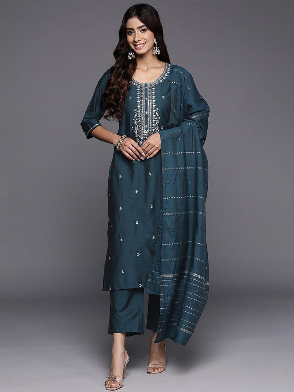 Blue Embroidered Silk Blend Straight Kurta With Trousers & Dupatta - Jashvi