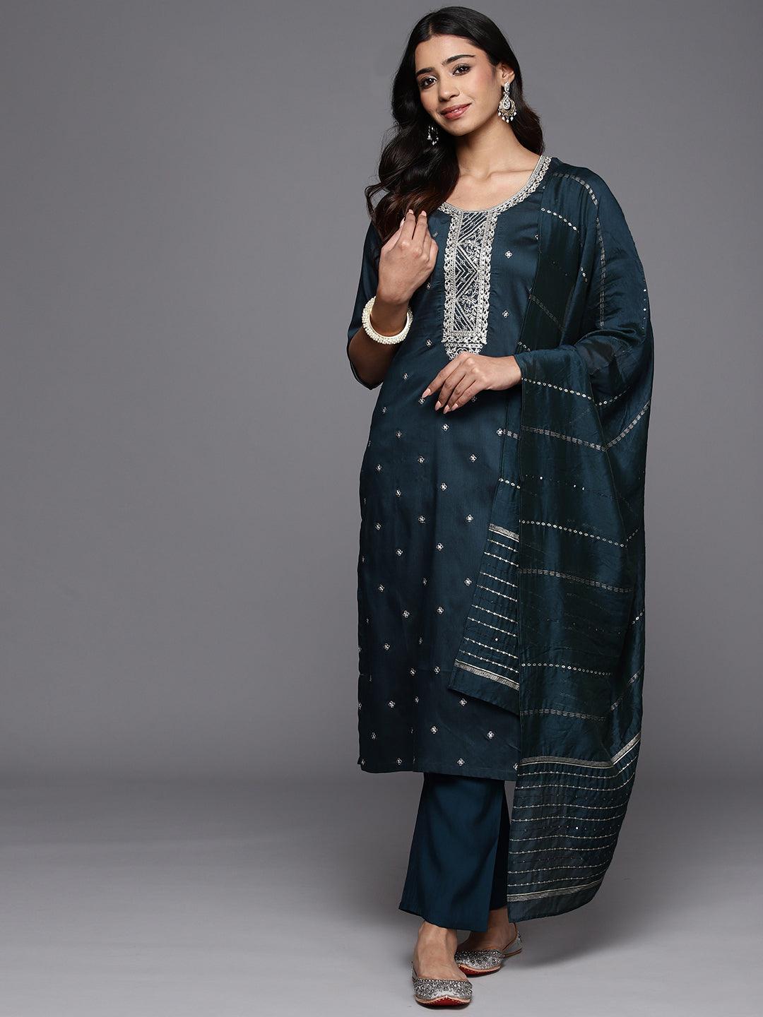 Blue Embroidered Silk Blend Straight Kurta With Trousers & Dupatta - Jashvi