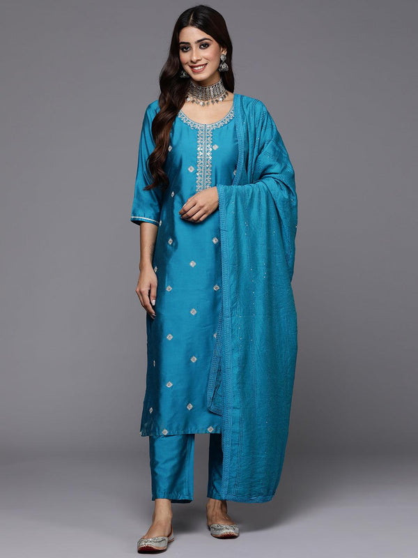 Blue Embroidered Silk Blend Straight Kurta With Trousers & Dupatta - Jashvi