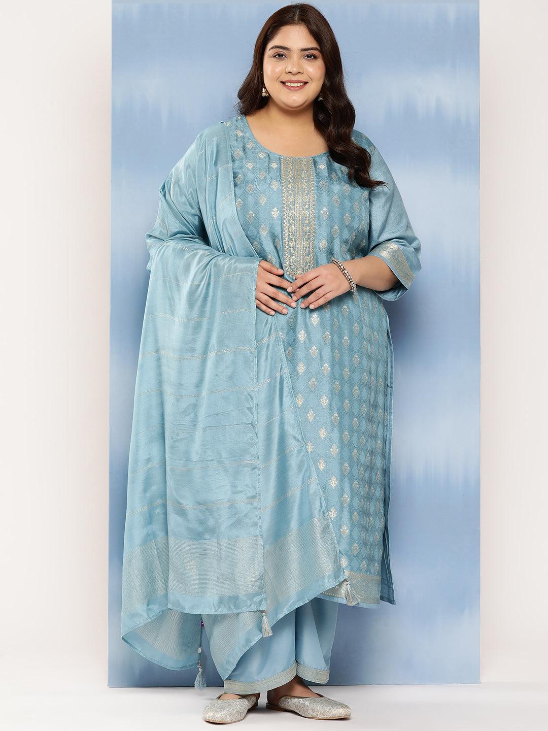 Blue Embroidered Silk Blend Straight Kurta With Trousers and Dupatta - Jashvi