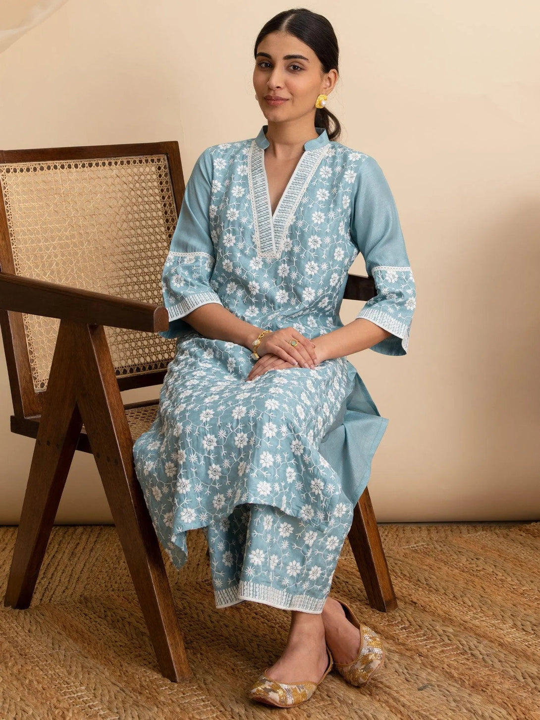 Blue Embroidered Silk Kurta - Jashvi