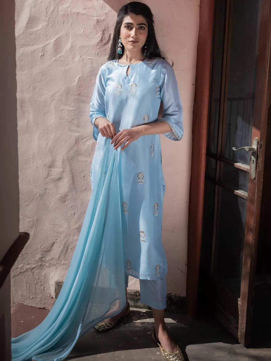 Blue Embroidered Silk Suit Set - Jashvi