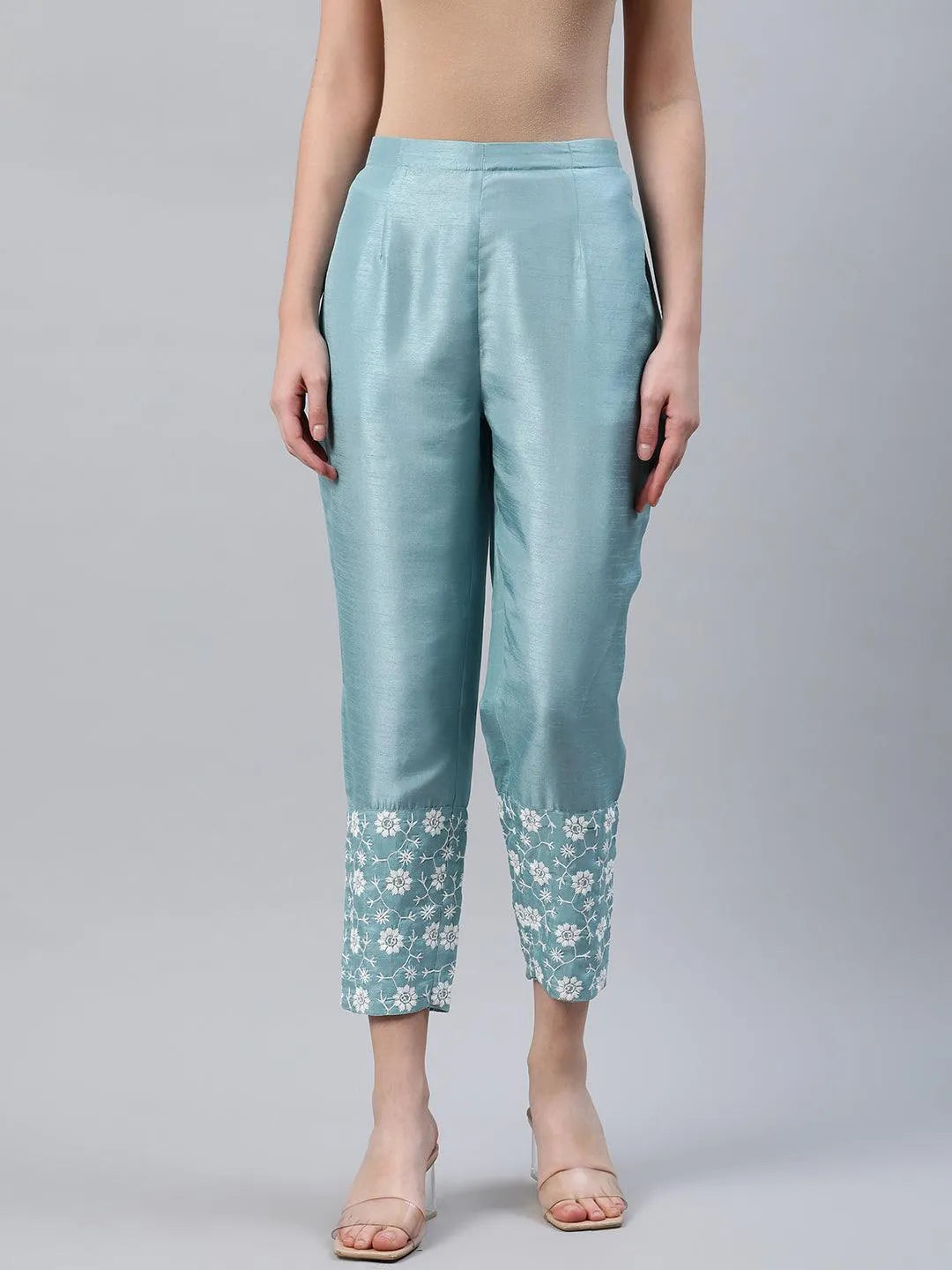 Blue Embroidered Silk Trousers - Jashvi