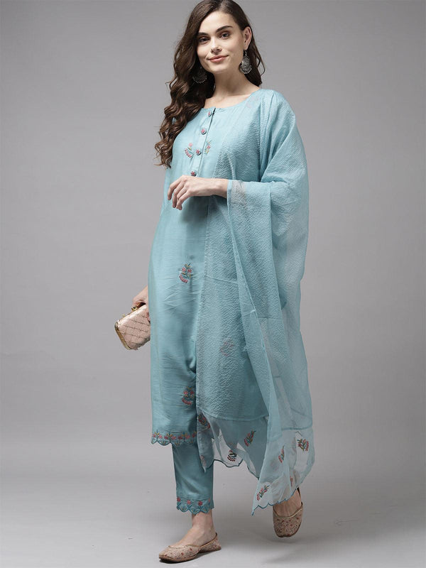 Women's Blue Embroidered Straight Kurta Trouser With Dupatta Set - Odette