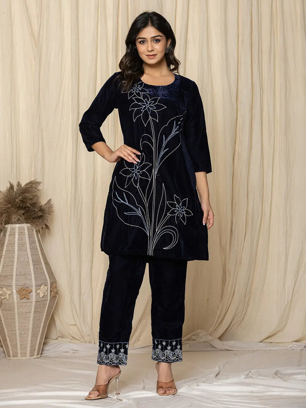 Blue Embroidered Velvet Co-Ord Set