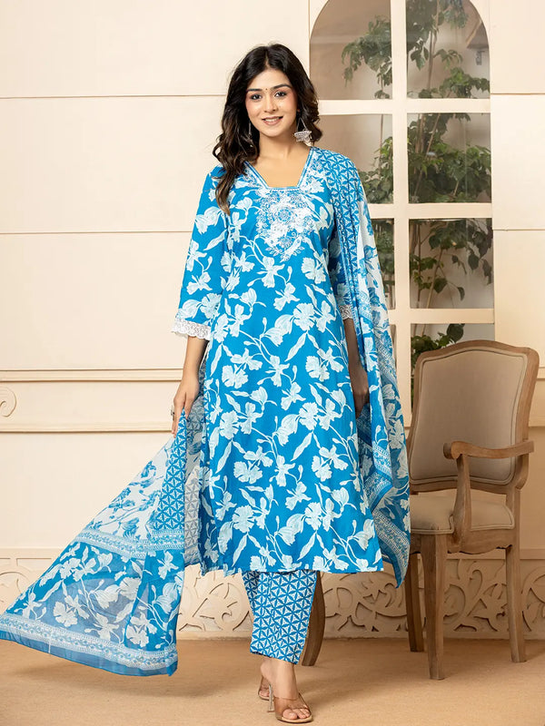 Blue Embroidery Cotton Straight Kurta Dupatta Set