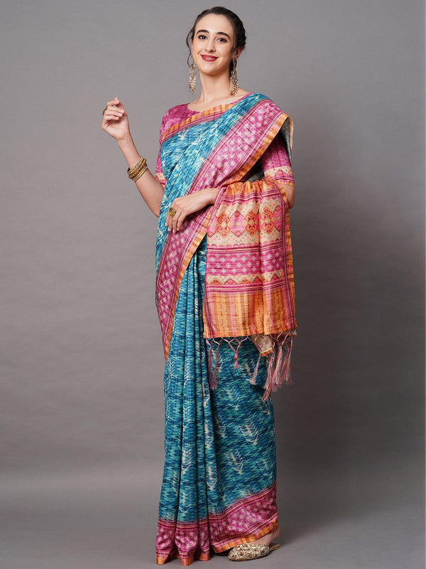 Women's Blue Festive Bhagalpuri Silk Printed Saree With Unstitched Blouse - Odette