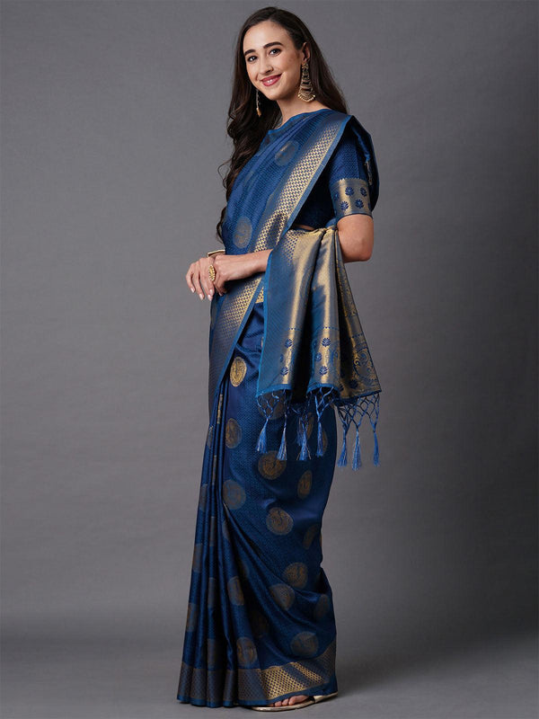 Women's Blue Festive Silk Blend Woven Design Saree With Unstitched Blouse - Odette