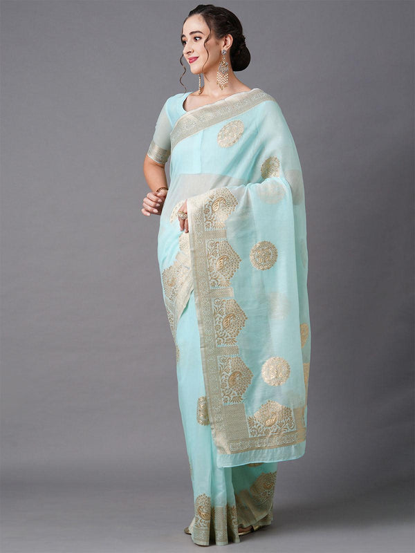 Women's Blue Festive Silk Blend Woven Design Saree With Unstitched Blouse - Odette