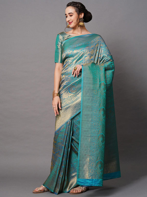 Women's Blue Festive Silk Blend Woven Design Saree With Unstitched Blouse - Odette