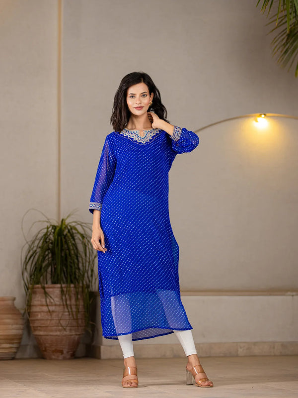 Blue Georgette Lehriya Embroidery Kurta-Indiakreations-JS1772KURBLS