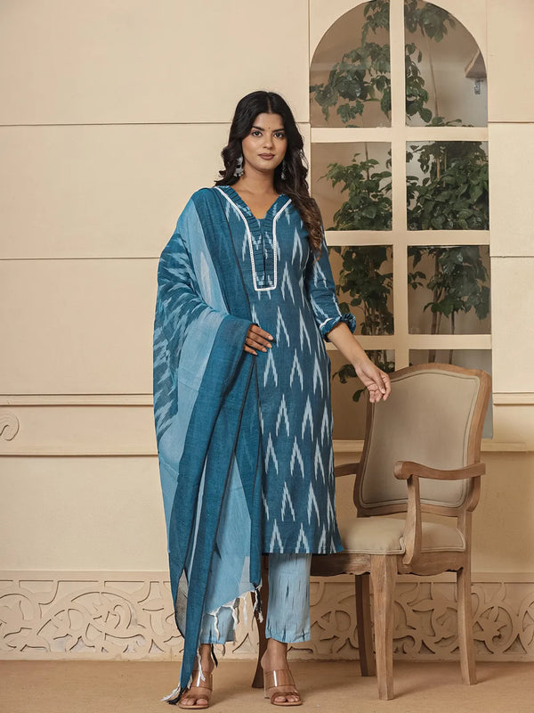 Blue Ikat Print Straight Strappy Kurta Trouser And Dupatta Set