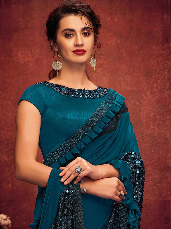 Women's Blue Lycra Designer Saree With Blouse - Odette